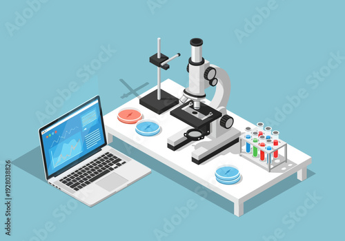 Scientific research and development with a microscope, laptop, and test tubes on a lab bench