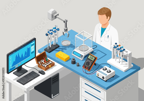 Scientific Laboratory Equipment and Research Setup with Computer and Robotic Arm