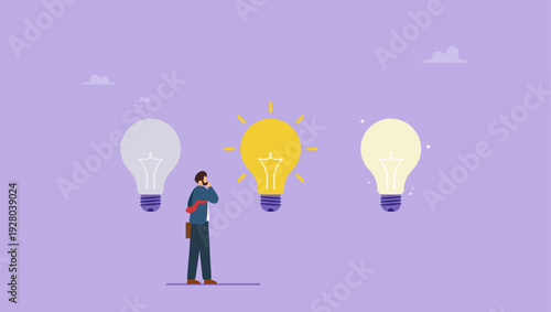 Employee thinking or picking, selecting from light bulbs at work. Choosing among good and bad business ideas, creativity choice, solution concept.