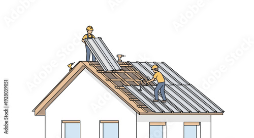 Two construction workers are installing metal panels on a house roof.