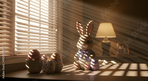 Sunlight streams through window blinds, illuminating Easter eggs and a decorative bunny figurine on a table indoors.