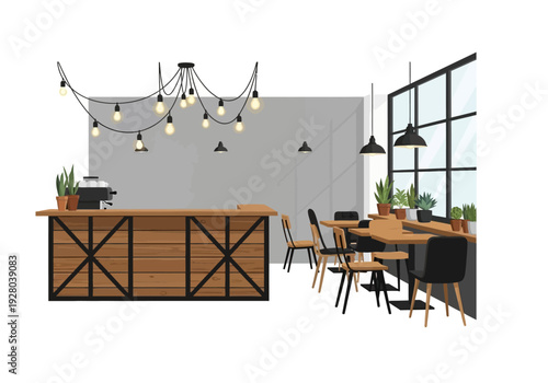 Cozy Wooden Cafe Interior with Industrial Lighting and Large Windows
