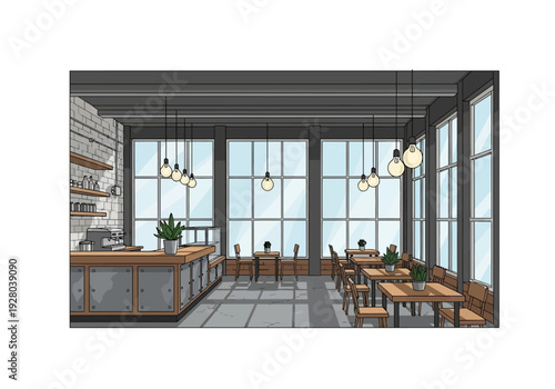 Modern coffee shop interior design with industrial elements and natural light