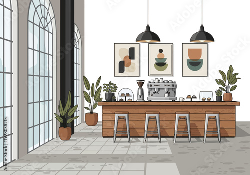 Cozy Coffee Shop Interior with Bar and Modern Artwork - A Welcoming Ambiance for Relaxation and Socializing
