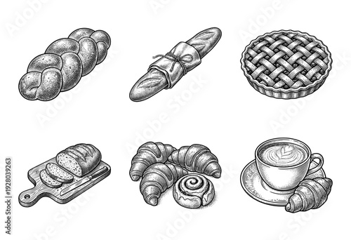 Vintage woodcut style bakery collection featuring braided bread baguette lattice pie sliced loaf croissants and latte coffee
