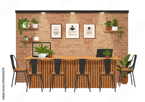 A Modern Brick-Wall Office Break Room with a Long Counter, Chairs, Plants, and Artwork