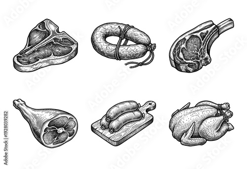 Vintage woodcut style collection of meat products featuring steak, sausages, ham, and whole poultry in a hand drawn engraving aesthetic.