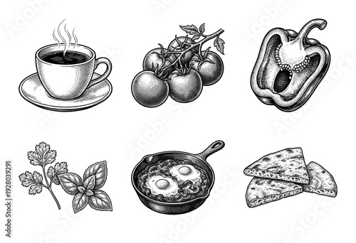 Vintage woodcut style collection of shakshuka ingredients including eggs in skillet coffee tomatoes bell pepper herbs and pita bread