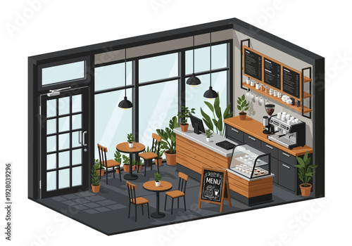 Isometric coffee shop interior with seating area, counter, display case, and espresso machine for a cozy cafe experience
