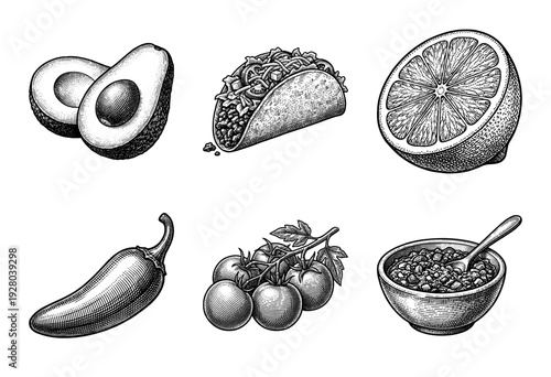 Vintage woodcut style collection of mexican food ingredients including taco avocado lime chili pepper tomatoes and salsa bowl