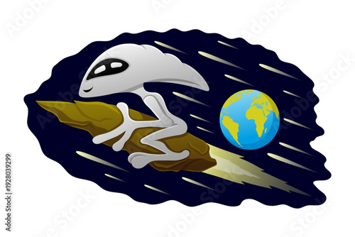 An extraterrestrial alien flies on a comet past planet Earth in space.