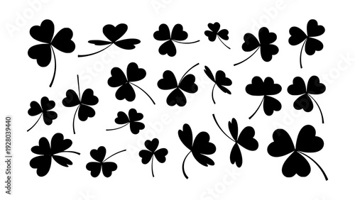 Collection of black four-leaf clover symbols for good luck and St