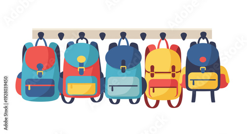Five colorful school backpacks are neatly hanging on a wooden rack.