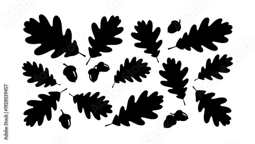 Scattered black oak leaves and acorns in a minimalist graphic design, evoking the essence of autumn and forest nature, ideal for seasonal decor and organic projects