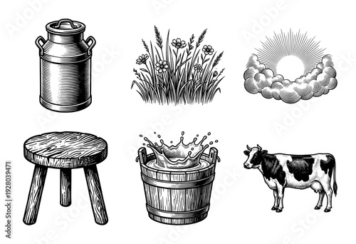Vintage hand drawn engraving style dairy farming collection featuring cow milk can wooden stool bucket meadow and sun illustrations