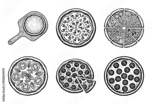 Vintage hand drawn pizza collection featuring pepperoni mushroom margherita and supreme varieties in woodcut engraving style