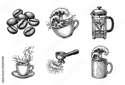 Vintage engraving style coffee illustration set featuring roasted beans, brewing equipment, and artistic liquid splashes in cups and mugs.