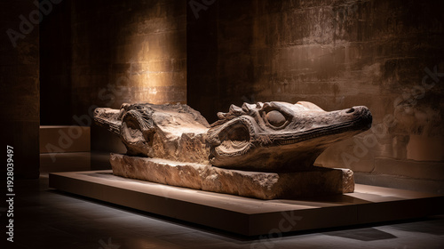 A fossilized two-headed serpent emerging dramatically from stone under museum lighting, evoking ancient mysteries.