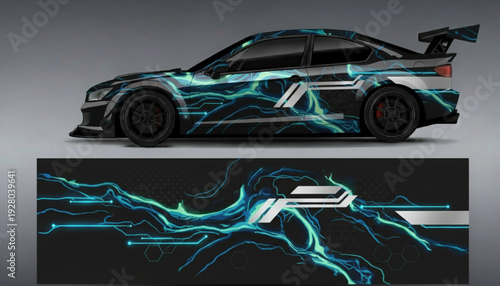 Side view of a black sports car with a vibrant blue lightning bolt graphic decal, showcasing a dynamic and modern design.