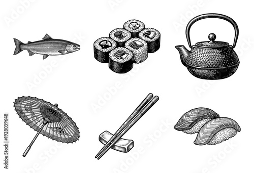Japanese culinary and cultural icons collection featuring sushi salmon teapot and traditional umbrella in vintage woodcut engraving style