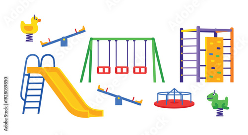 Various colorful playground equipment items are arranged on a white background.