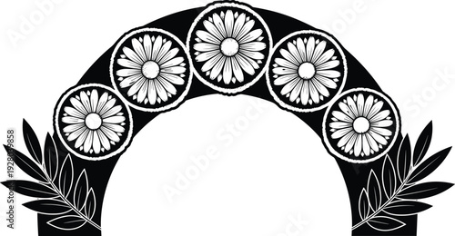 Decorative floral arch silhouette illustration with daisy flowers and leaves, ornamental botanical frame design, vintage wedding decoration concept, black vector artwork