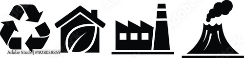 Environmental icons representing recycling home factory and pollution