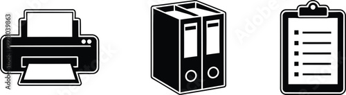 Office supplies icons including a printer binder and clipboard