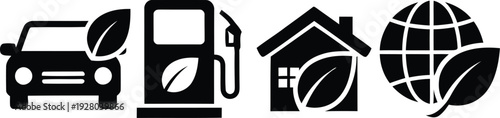 Eco friendly transportation and housing icons with a global perspective