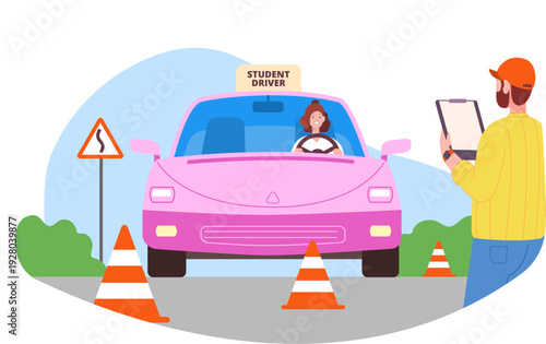 Driving exam. Car practice scene. Student test