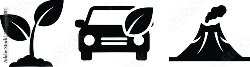 Black silhouettes of a tree a car and a hill