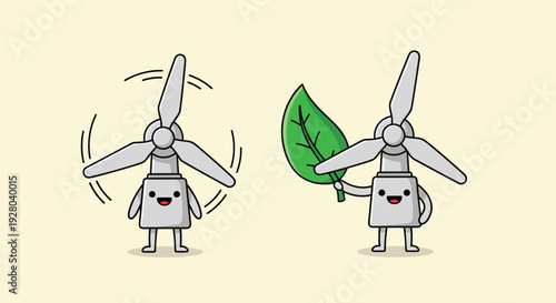 Cartoon Wind Turbines with Smiling Faces.