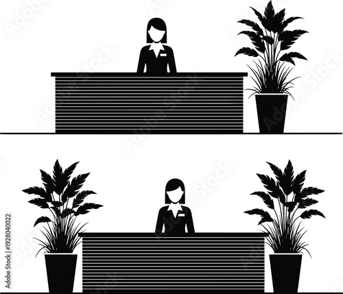 Female receptionist desk silhouette illustration, professional office front desk with indoor plants, corporate workspace concept, modern business interior design isolated on white background