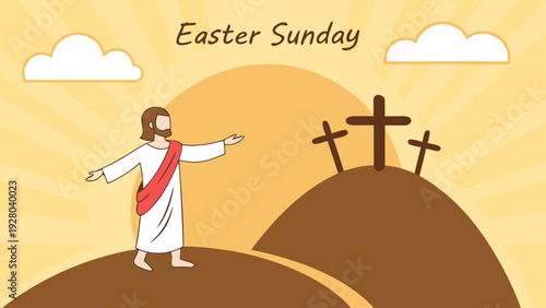 This illustration depicts easter sunday with jesus christ on a hill under a sun and clouds conveying a message of faith and springtime renewal high-quality
