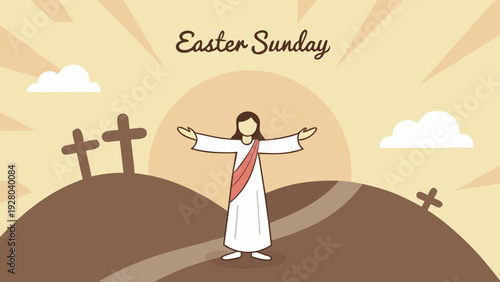 This illustration depicts easter sunday with jesus christ on a hill under a sun and clouds conveying a message of faith and springtime renewal high-quality