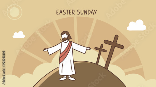 This illustration depicts easter sunday with jesus christ on a hill under a sun and clouds conveying a message of faith and springtime renewal high-quality