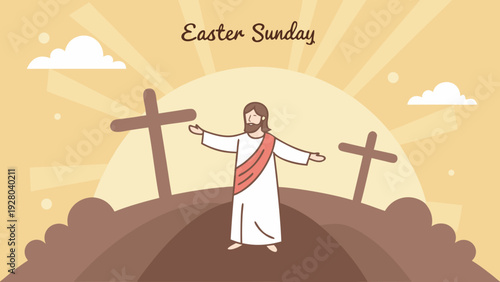 This illustration depicts easter sunday with jesus christ on a hill under a sun and clouds conveying a message of faith and springtime renewal high-quality