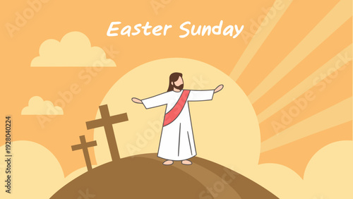 This illustration depicts easter sunday with jesus christ on a hill under a sun and clouds conveying a message of faith and springtime renewal high-quality