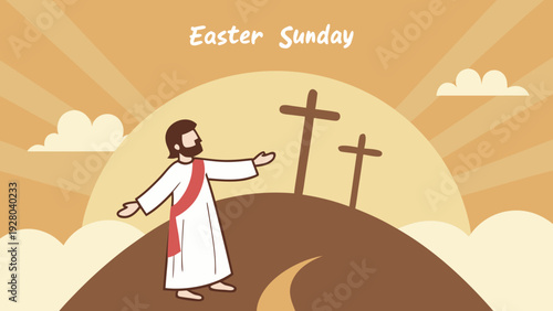 This illustration depicts easter sunday with jesus christ on a hill under a sun and clouds conveying a message of faith and springtime renewal high-quality