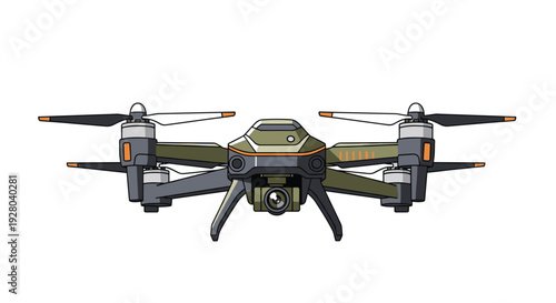 An olive green and dark grey quadcopter drone with orange accents and a central camera is positioned against a pristine white background.