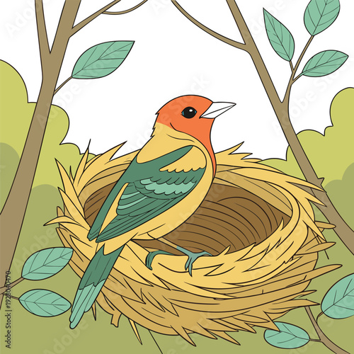 Bright Orange-and-Yellow Western Tanager Perched in Natural Nest.