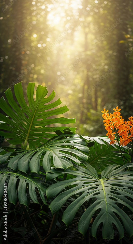 Fototapeta premium Image features large, green monstera leaves and orange blossom in sunlight, representing tropical vegetation and vibrant nature, perfect for botanical themes