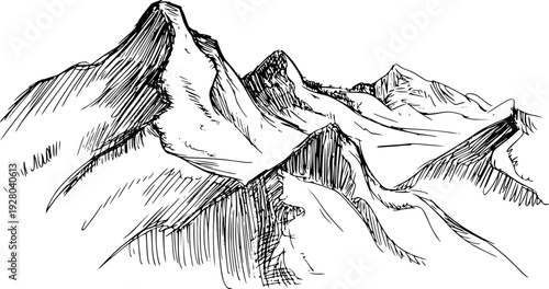 Hand Drawn of Mountain Range Peaks with Textured Slopes
