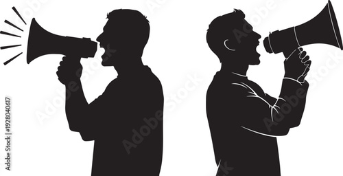 Man Speaking Through Megaphone Silhouette – Loud Announcement Concept, Man shouting through megaphone silhouette isolated on white background.