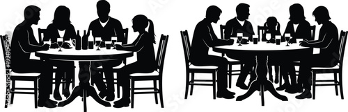 People dining together silhouette, restaurant table conversation scene, black vector illustration, social gathering flavector