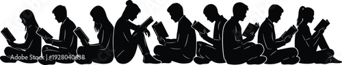 People Reading Books Silhouette Panorama, Students and Readers Studying Together, Education and Knowledge Concept, Black Minimal Vector Illustration Isolated on White