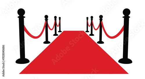 A red carpet event is delineated by black stanchions and red ropes