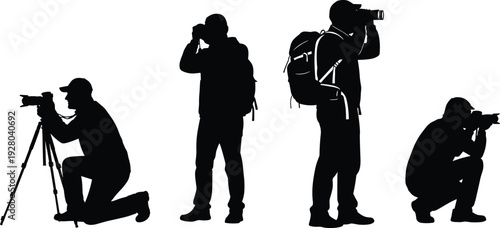 Photographer silhouette illustration set with camera and tripod, professional photography poses, outdoor shooting concept, creative media and journalism artwork isolated on white background