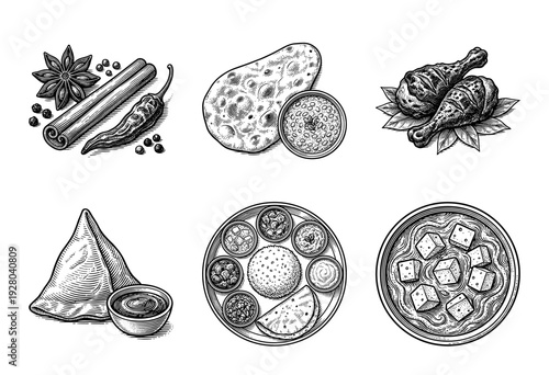 Indian cuisine food collection featuring hand drawn vintage woodcut style illustrations of samosa naan thali tandoori chicken and paneer