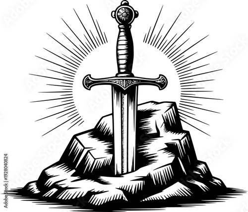 Sword in Stone with Radiant Rays Black and White Engraving Style rock legend